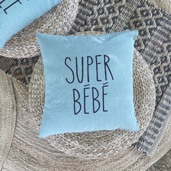 Housse Coussin lin 100% français bleu ciel "Super bébé"