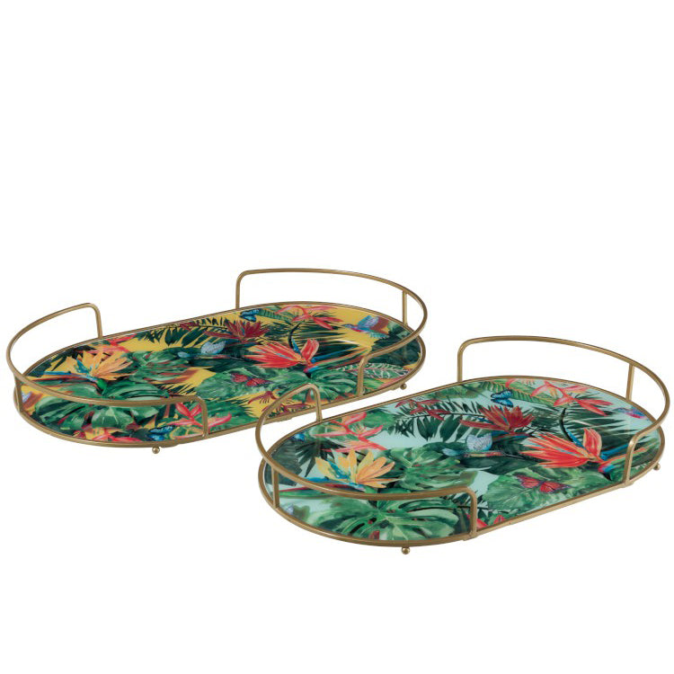 Set de 2 plateaux verre/metal motif jungle