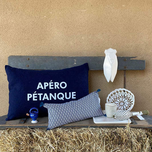 Coussin lin 100% français bleu marine "Apéro Pétanque"