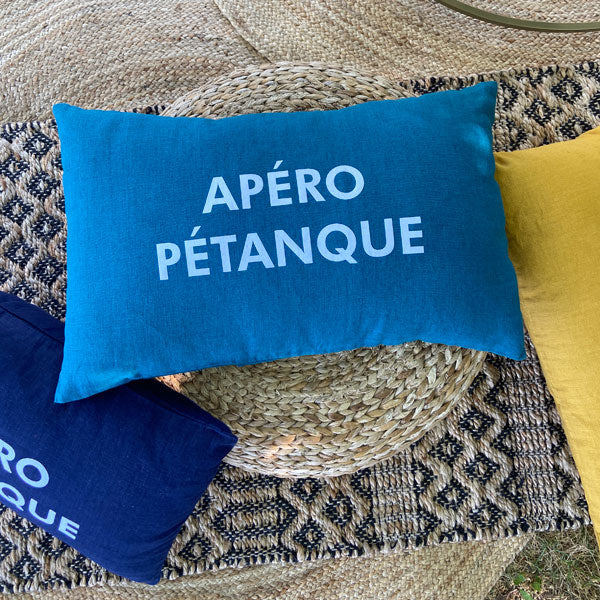 Coussin lin 100% français bleu canard "Apéro pétanque"