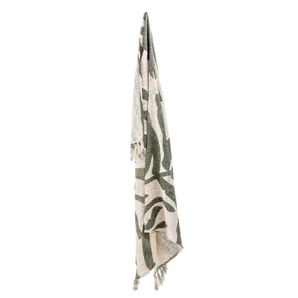 Plaid vegétal vert et beige en coton 160x130cm