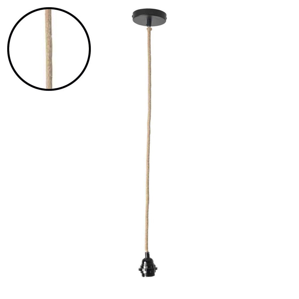 Suspension douille noire câble corde naturel 110cm