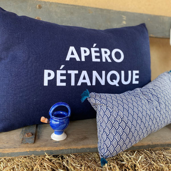 Coussin lin 100% français bleu marine "Apéro Pétanque"
