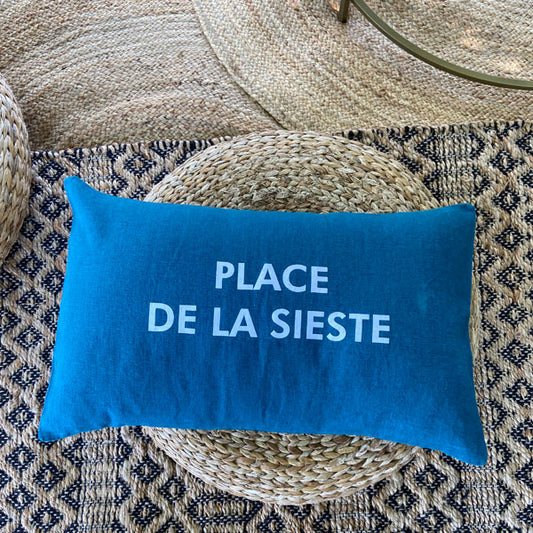 Coussin lin 100% français bleu canard "Place de la sieste"